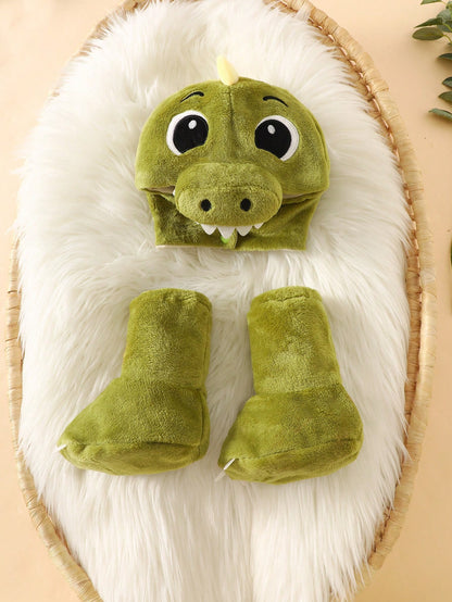 Newborn Photography Outfit And Props Plush Cute 3D Dinosaur Hat With 3D Tail, Dinosaur Bodysuit And 3D Foot Covers, 3 Pieces Set For Newborn 100 Days Photoshoot, Suitable For Winter