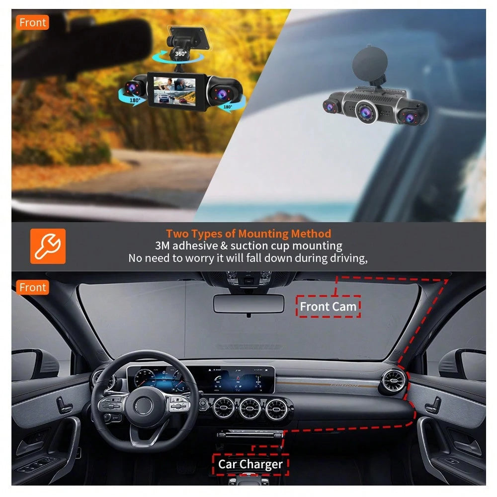 Newly Designed 3-Channel Dash Cam, Intelligent Wifi Connection, 1080FHD, Capable Of Recording Front, Interior, And Rear, Beautiful Body, G-Sensor, Mobile Monitoring, Video Recording, Wide-Angle Shooti