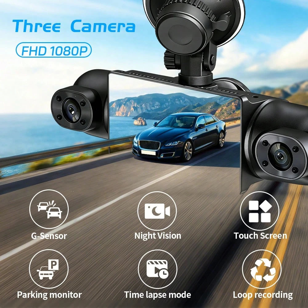 Newly Designed 3-Channel Dash Cam, Intelligent Wifi Connection, 1080FHD, Capable Of Recording Front, Interior, And Rear, Beautiful Body, G-Sensor, Mobile Monitoring, Video Recording, Wide-Angle Shooti