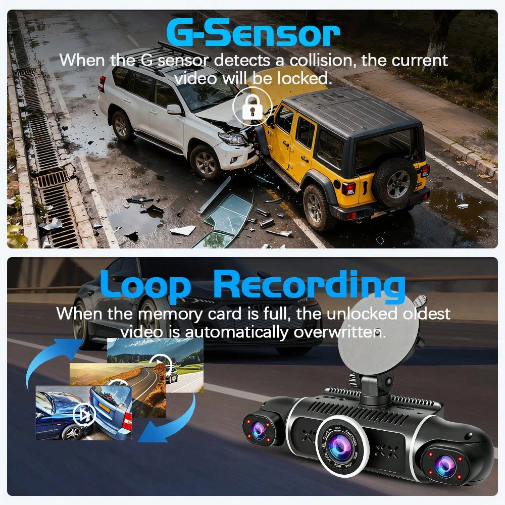 Newly Designed 3-Channel Dash Cam, Intelligent Wifi Connection, 1080FHD, Capable Of Recording Front, Interior, And Rear, Beautiful Body, G-Sensor, Mobile Monitoring, Video Recording, Wide-Angle Shooti