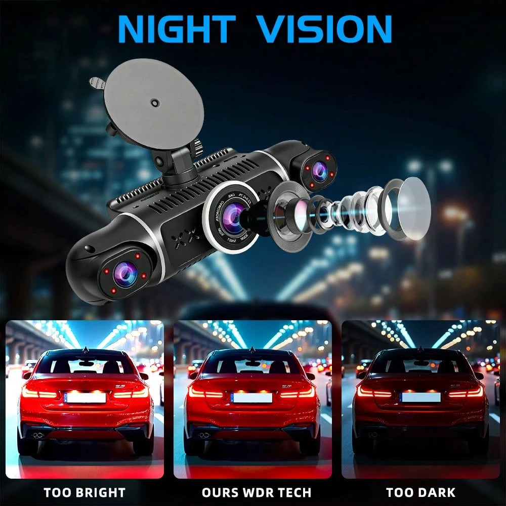 Newly Designed 3-Channel Dash Cam, Intelligent Wifi Connection, 1080FHD, Capable Of Recording Front, Interior, And Rear, Beautiful Body, G-Sensor, Mobile Monitoring, Video Recording, Wide-Angle Shooti