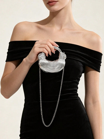 Niche Silver Pleated Ring Metal Handbag Mini Round Handle Chain Crossbody Small Bag Wedding Party Evening Dress Clutch