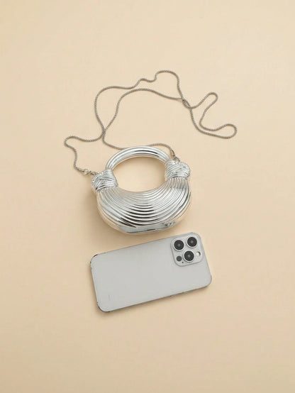 Niche Silver Pleated Ring Metal Handbag Mini Round Handle Chain Crossbody Small Bag Wedding Party Evening Dress Clutch