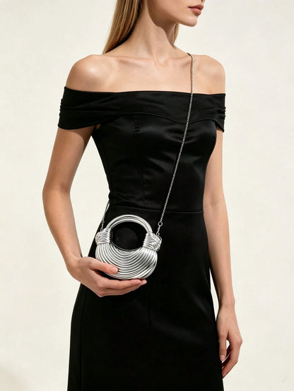 Niche Silver Pleated Ring Metal Handbag Mini Round Handle Chain Crossbody Small Bag Wedding Party Evening Dress Clutch