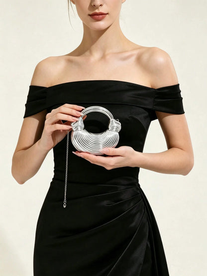 Niche Silver Pleated Ring Metal Handbag Mini Round Handle Chain Crossbody Small Bag Wedding Party Evening Dress Clutch