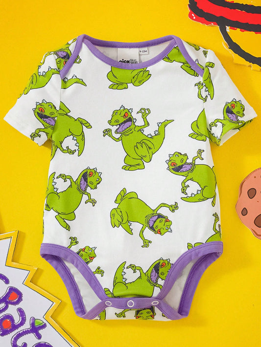 Nick 90s| Baby Boy Cartoon Green Dinosaur Print White Casual Cute Bodysuit