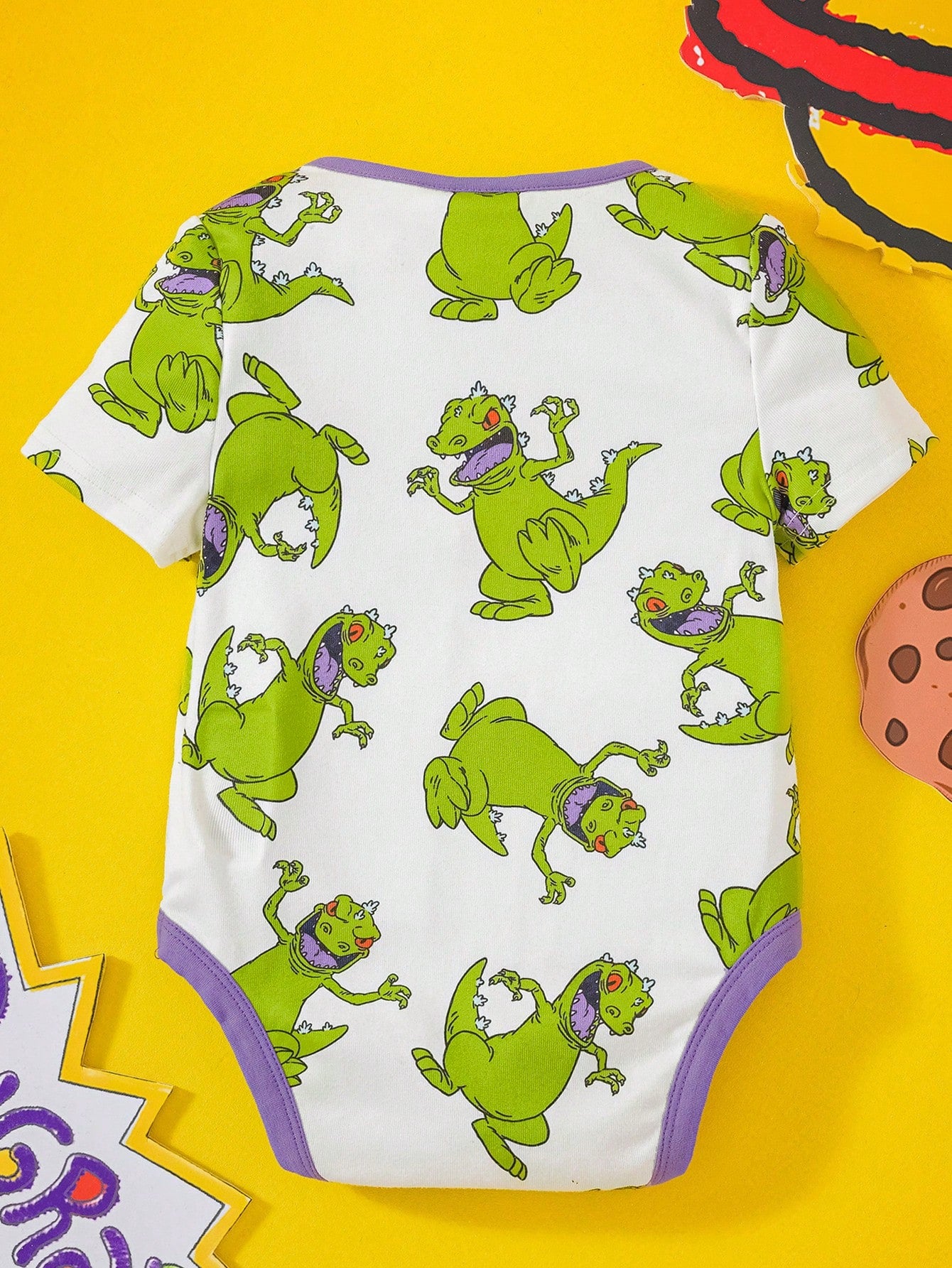 Nick 90s| Baby Boy Cartoon Green Dinosaur Print White Casual Cute Bodysuit