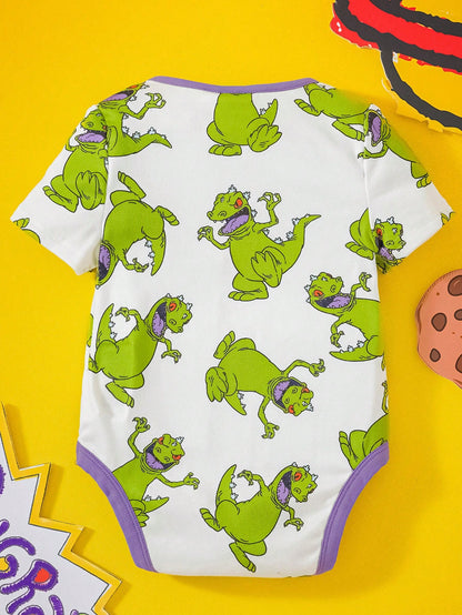 Nick 90s| Baby Boy Cartoon Green Dinosaur Print White Casual Cute Bodysuit