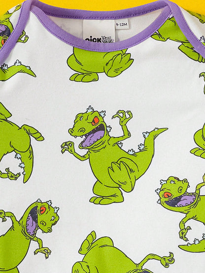 Nick 90s| Baby Boy Cartoon Green Dinosaur Print White Casual Cute Bodysuit
