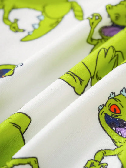Nick 90s| Baby Boy Cartoon Green Dinosaur Print White Casual Cute Bodysuit