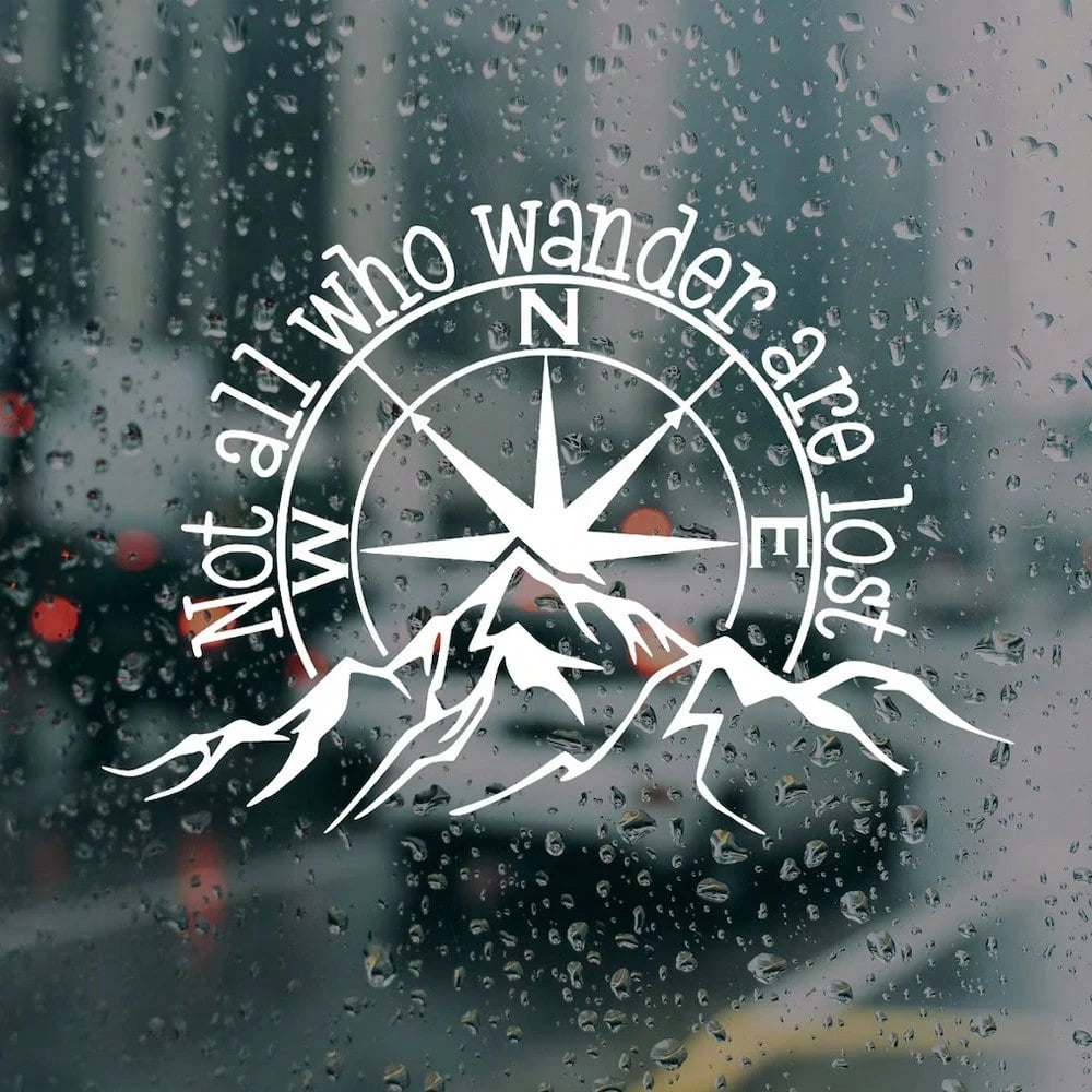 Not All Who Wander Are Lost Vinyl Car Decal| Outdoor Waterproof Mountain Compass Sticker For Car Truck Laptop Tumbler And RV Camper Trailer Caravan, White