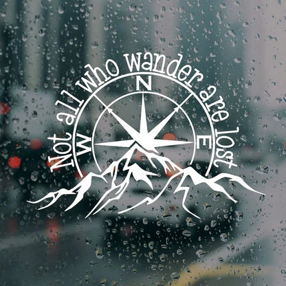 Not All Who Wander Are Lost Vinyl Car Decal| Outdoor Waterproof Mountain Compass Sticker For Car Truck Laptop Tumbler And RV Camper Trailer Caravan, White