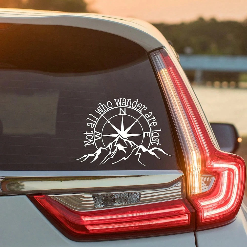 Not All Who Wander Are Lost Vinyl Car Decal| Outdoor Waterproof Mountain Compass Sticker For Car Truck Laptop Tumbler And RV Camper Trailer Caravan, White