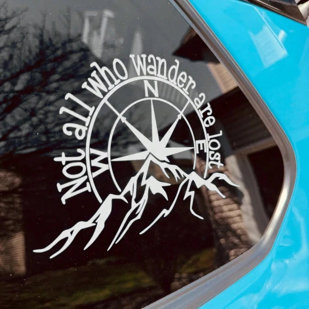 Not All Who Wander Are Lost Vinyl Car Decal| Outdoor Waterproof Mountain Compass Sticker For Car Truck Laptop Tumbler And RV Camper Trailer Caravan, White
