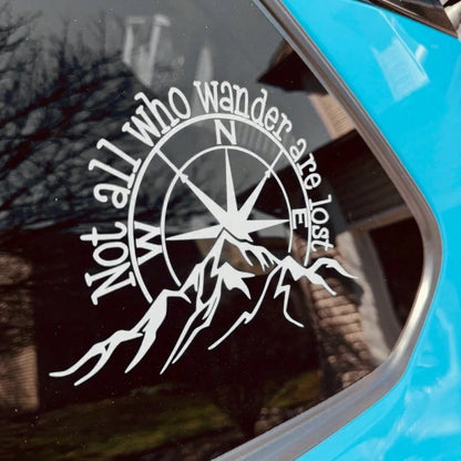 Not All Who Wander Are Lost Vinyl Car Decal| Outdoor Waterproof Mountain Compass Sticker For Car Truck Laptop Tumbler And RV Camper Trailer Caravan, White