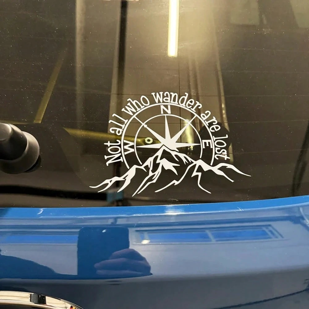 Not All Who Wander Are Lost Vinyl Car Decal| Outdoor Waterproof Mountain Compass Sticker For Car Truck Laptop Tumbler And RV Camper Trailer Caravan, White