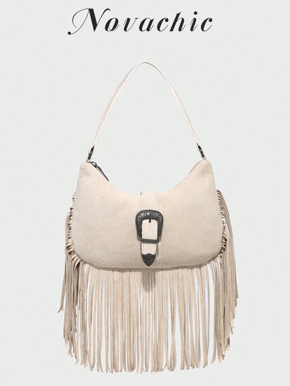 Novachic, Music Festival, Women, Women's Shoulder Bag, Fashionable Personalized Minimalist Versatile Street Sweet Cool Girl Popular Girl Y2K Vintage Retro Tassel Denim Effect Western Style Bohemian St
