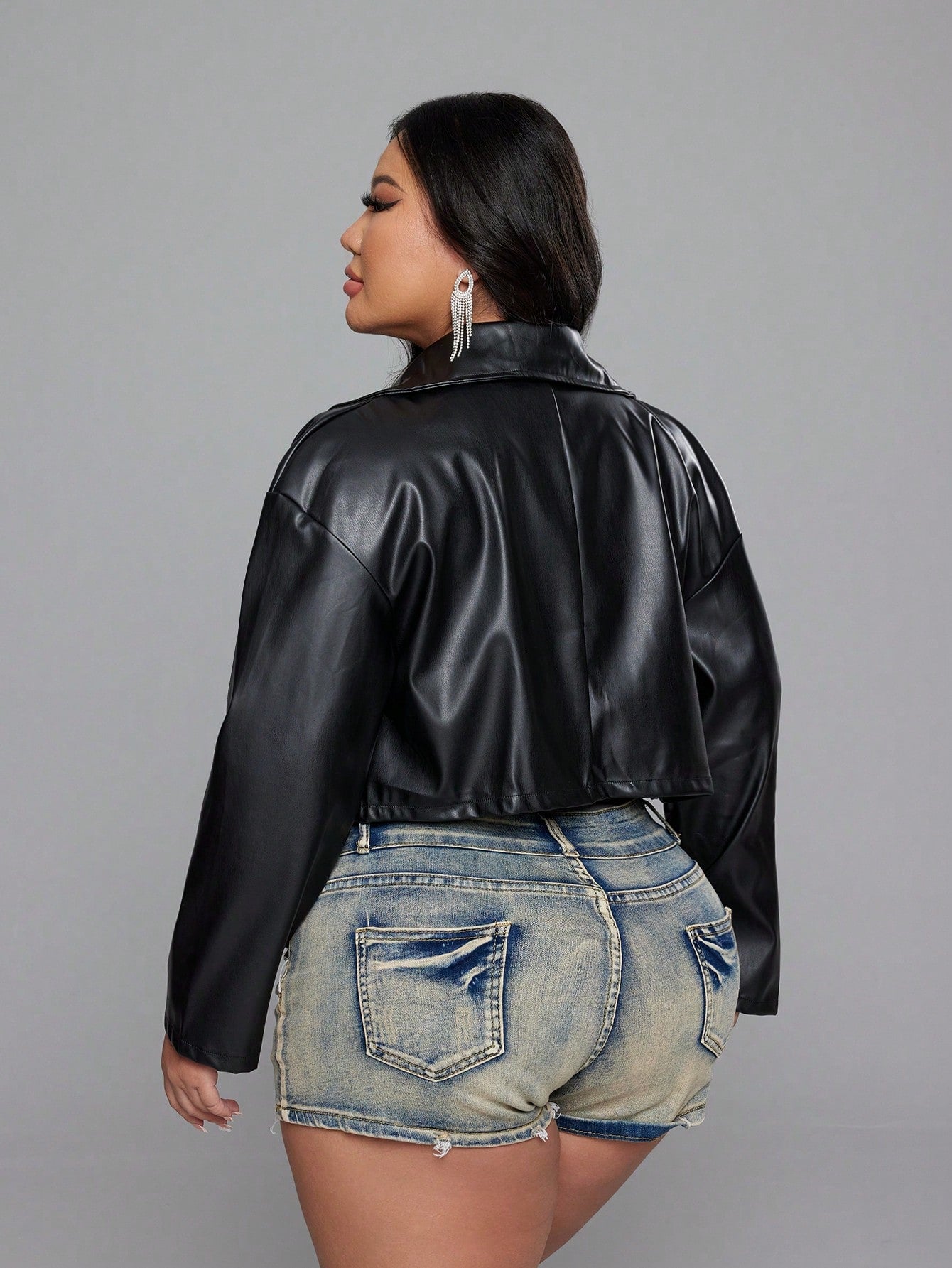 NU&NOW Plus Size Women's Autumn/Winter Casual Commute Chic Motorcycle PU Leather Zip-Up Long Sleeve Short Jacket, Black Coat Fall