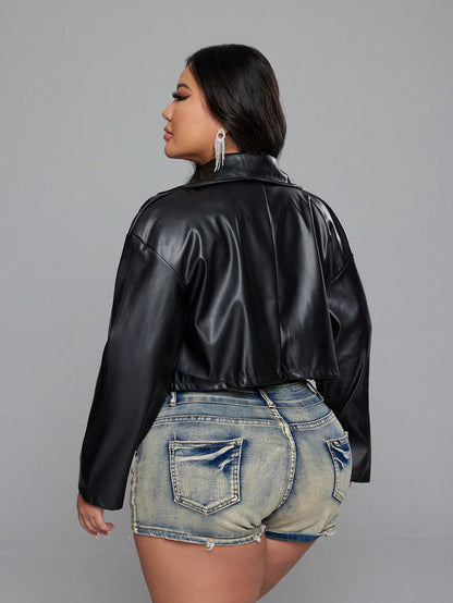 NU&NOW Plus Size Women's Autumn/Winter Casual Commute Chic Motorcycle PU Leather Zip-Up Long Sleeve Short Jacket, Black Coat Fall