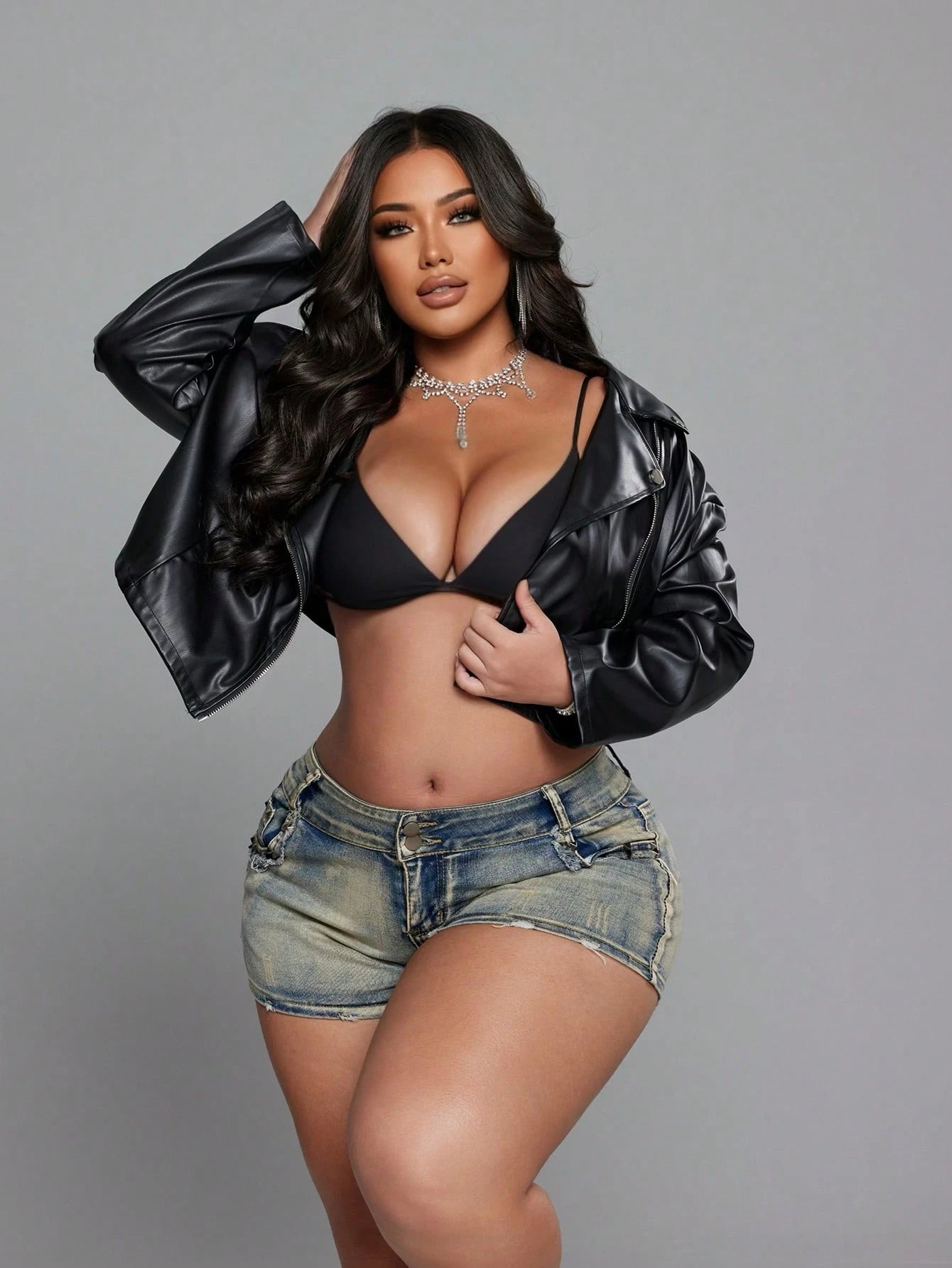 NU&NOW Plus Size Women's Autumn/Winter Casual Commute Chic Motorcycle PU Leather Zip-Up Long Sleeve Short Jacket, Black Coat Fall