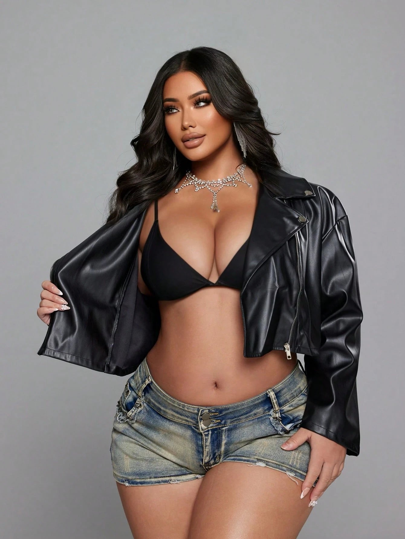NU&NOW Plus Size Women's Autumn/Winter Casual Commute Chic Motorcycle PU Leather Zip-Up Long Sleeve Short Jacket, Black Coat Fall