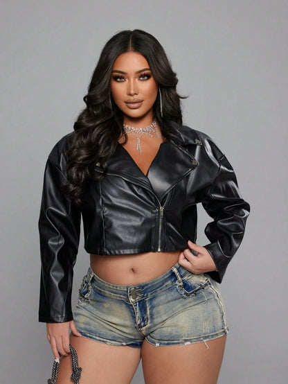 NU&NOW Plus Size Women's Autumn/Winter Casual Commute Chic Motorcycle PU Leather Zip-Up Long Sleeve Short Jacket, Black Coat Fall