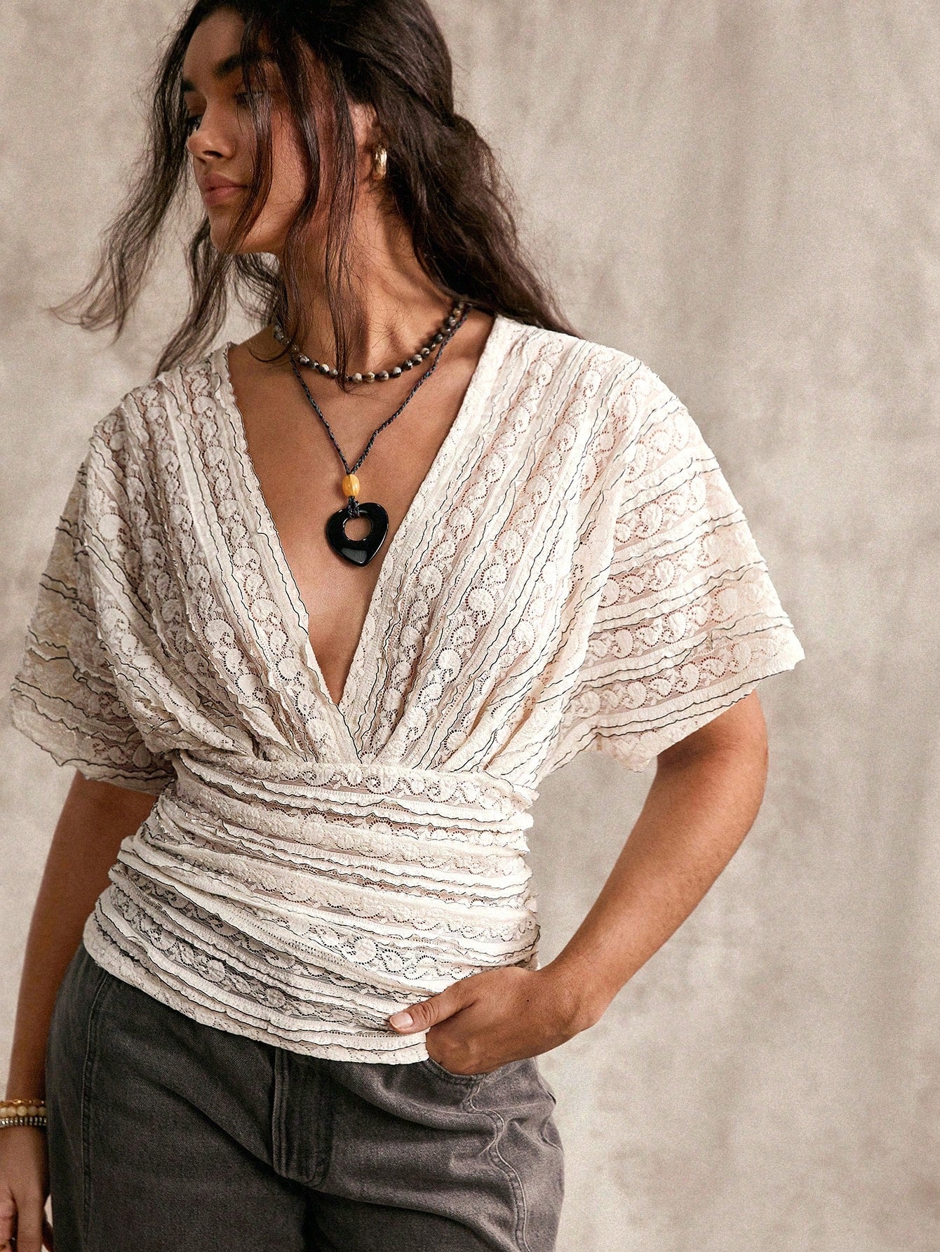 Nubod Plus Size Sexy French Lace Ruched Waist T-Shirt