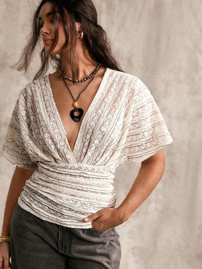 Nubod Plus Size Sexy French Lace Ruched Waist T-Shirt