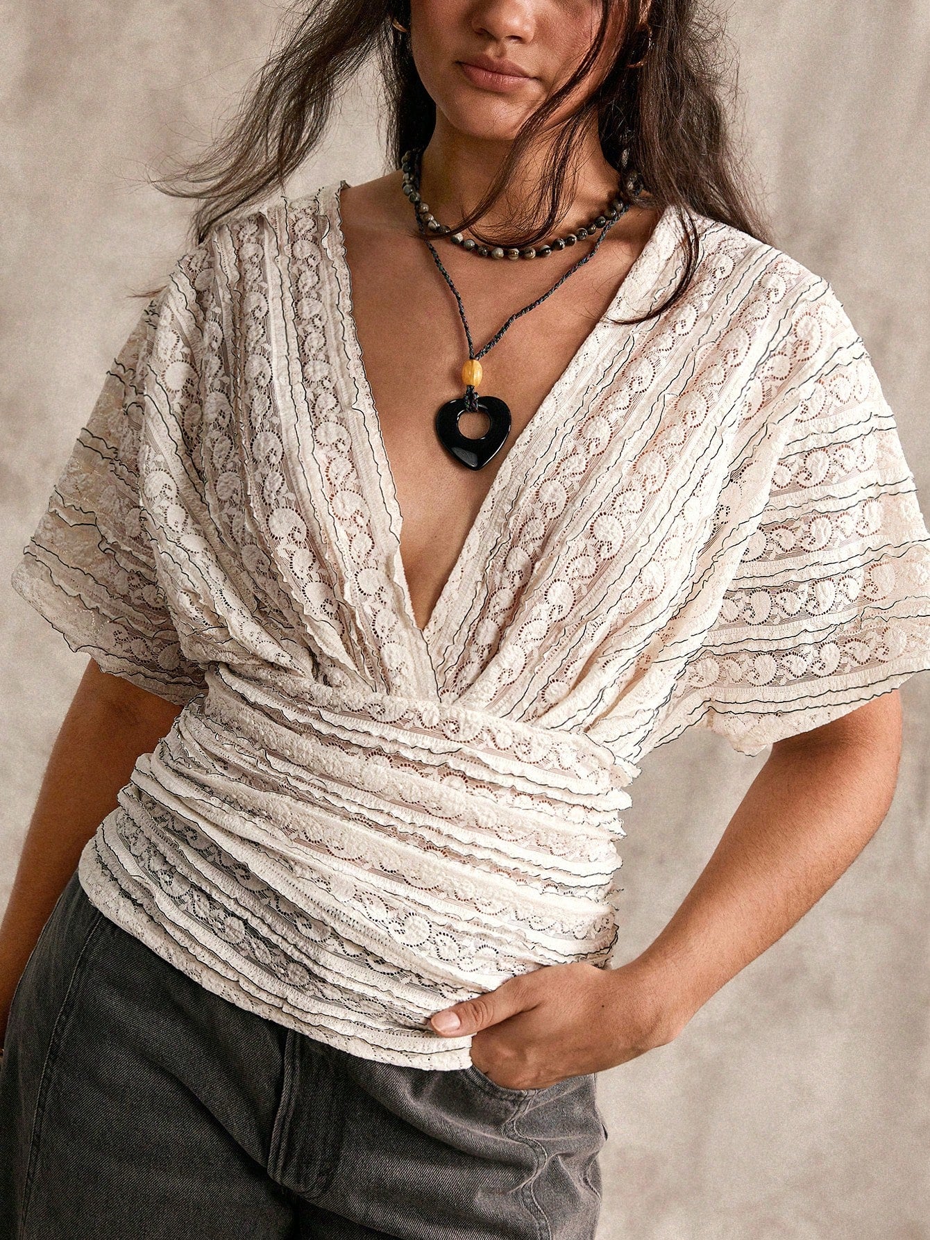 Nubod Plus Size Sexy French Lace Ruched Waist T-Shirt