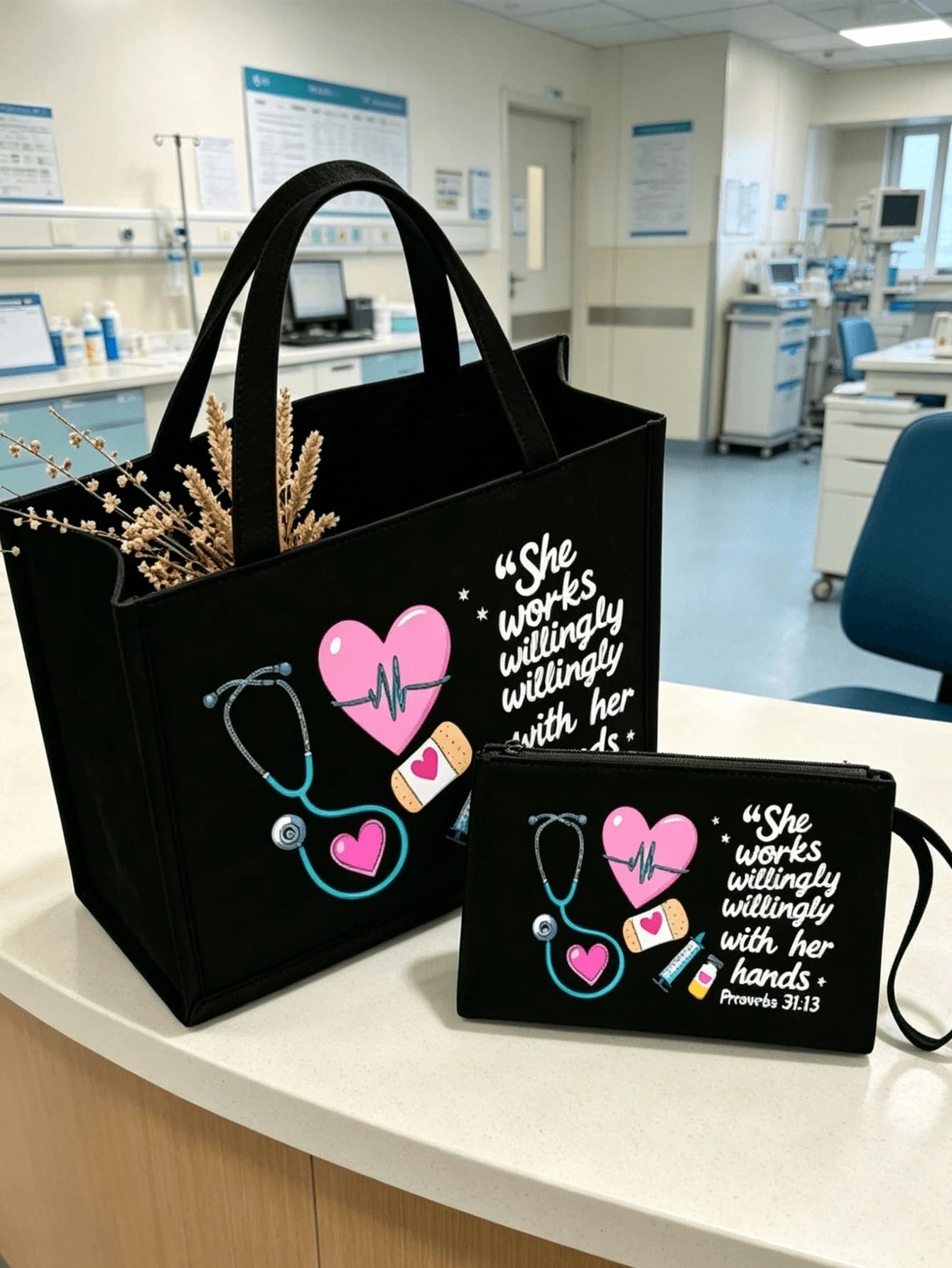 Nurse Theme Canvas Tote Bag And Matching Cosmetic Bag- Black Large Capacity Tote Bag Printed With Stethoscope, Heart, Syringe, Thermometer Patterns- Durable Lightweight Nurse Daily Essential, Multi