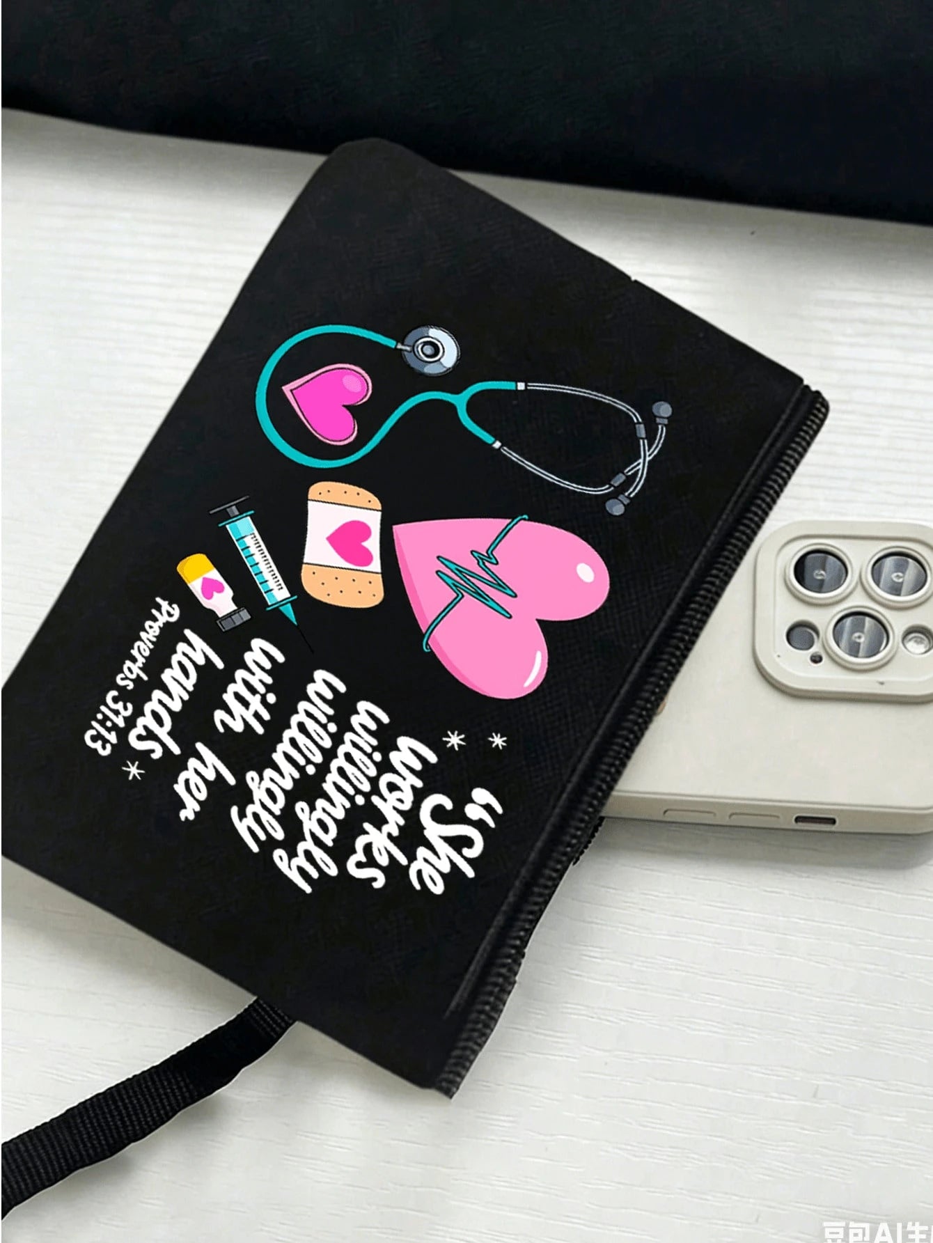 Nurse Theme Canvas Tote Bag And Matching Cosmetic Bag- Black Large Capacity Tote Bag Printed With Stethoscope, Heart, Syringe, Thermometer Patterns- Durable Lightweight Nurse Daily Essential, Multi
