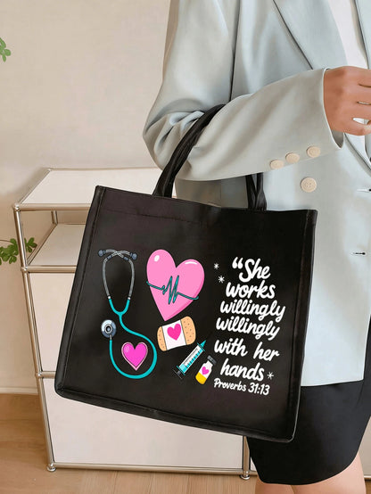 Nurse Theme Canvas Tote Bag And Matching Cosmetic Bag- Black Large Capacity Tote Bag Printed With Stethoscope, Heart, Syringe, Thermometer Patterns- Durable Lightweight Nurse Daily Essential, Multi