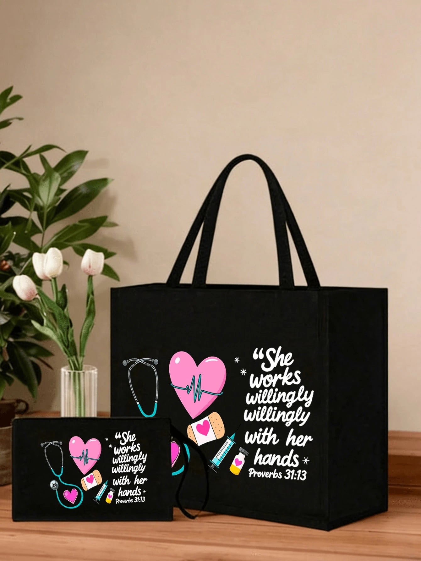 Nurse Theme Canvas Tote Bag And Matching Cosmetic Bag- Black Large Capacity Tote Bag Printed With Stethoscope, Heart, Syringe, Thermometer Patterns- Durable Lightweight Nurse Daily Essential, Multi