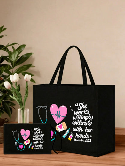 Nurse Theme Canvas Tote Bag And Matching Cosmetic Bag- Black Large Capacity Tote Bag Printed With Stethoscope, Heart, Syringe, Thermometer Patterns- Durable Lightweight Nurse Daily Essential, Multi