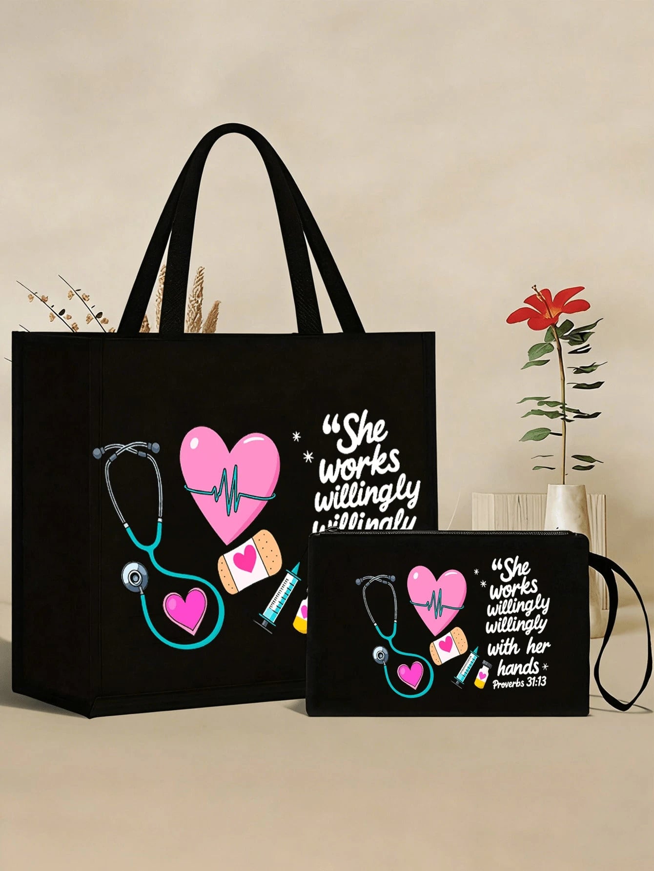 Nurse Theme Canvas Tote Bag And Matching Cosmetic Bag- Black Large Capacity Tote Bag Printed With Stethoscope, Heart, Syringe, Thermometer Patterns- Durable Lightweight Nurse Daily Essential, Multi