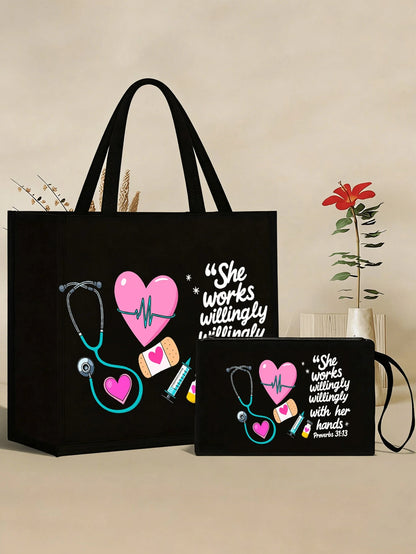Nurse Theme Canvas Tote Bag And Matching Cosmetic Bag- Black Large Capacity Tote Bag Printed With Stethoscope, Heart, Syringe, Thermometer Patterns- Durable Lightweight Nurse Daily Essential, Multi