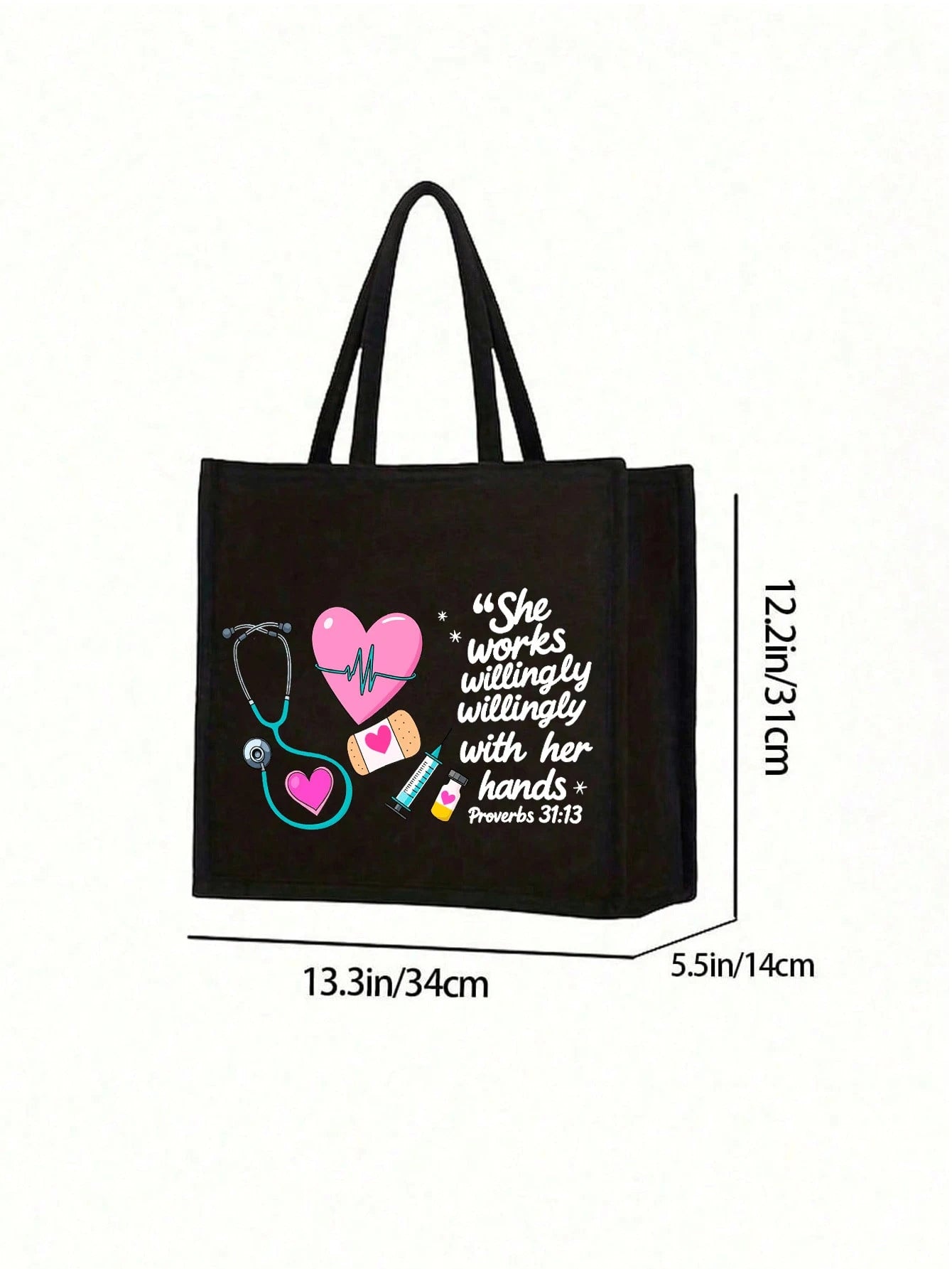 Nurse Theme Canvas Tote Bag And Matching Cosmetic Bag- Black Large Capacity Tote Bag Printed With Stethoscope, Heart, Syringe, Thermometer Patterns- Durable Lightweight Nurse Daily Essential, Multi