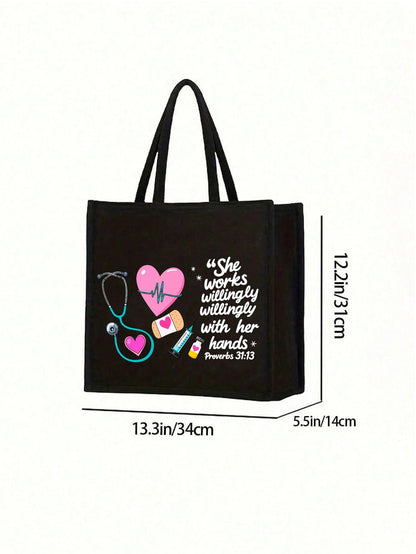 Nurse Theme Canvas Tote Bag And Matching Cosmetic Bag- Black Large Capacity Tote Bag Printed With Stethoscope, Heart, Syringe, Thermometer Patterns- Durable Lightweight Nurse Daily Essential, Multi
