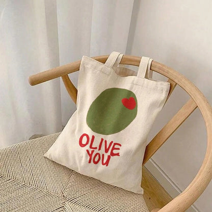 Olive Tote Bag Cute Olive Lover Gift Olive You Funny Slogan Cotton Canvas Tote Bag Vintage White And Black Tote Bag