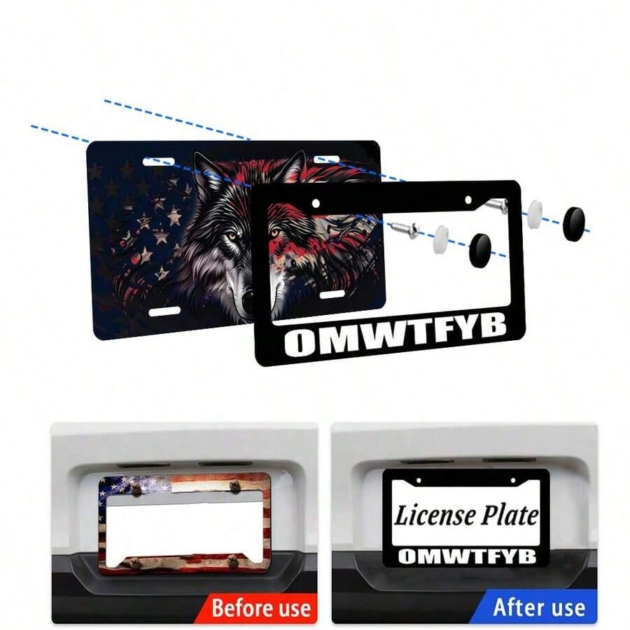 OMWTFYB License Plate Frame, Fun Black License Plate Frame, 1-Piece Car Front And Rear License Plate Cover, Universal License Plate Cover, US License Plate Size 12x6inch
