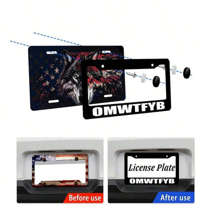 OMWTFYB License Plate Frame, Fun Black License Plate Frame, 1-Piece Car Front And Rear License Plate Cover, Universal License Plate Cover, US License Plate Size 12x6inch