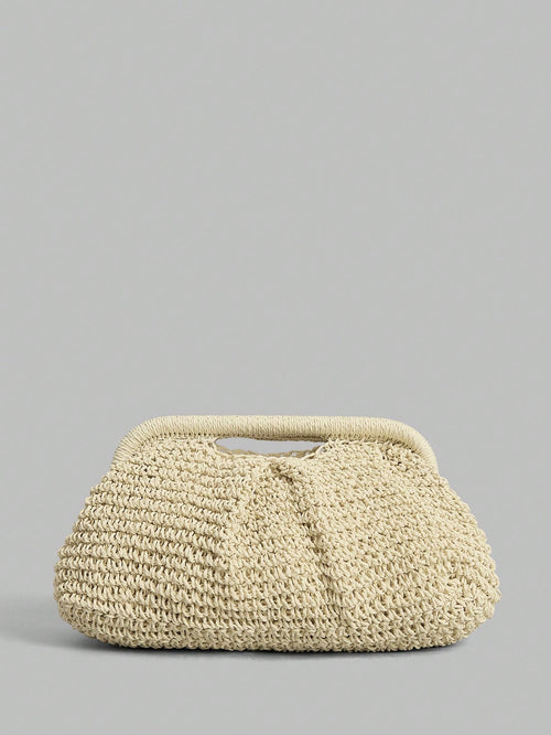 Ontre Stylish Handmade Beige Straw Pleated Cloud Clutch Bag, Suitable For Vacation Travel Beach, Bohemia