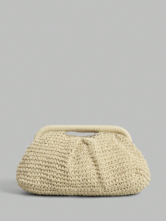 Ontre Stylish Handmade Beige Straw Pleated Cloud Clutch Bag, Suitable For Vacation Travel Beach, Bohemia
