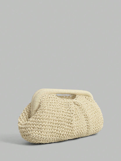 Ontre Stylish Handmade Beige Straw Pleated Cloud Clutch Bag, Suitable For Vacation Travel Beach, Bohemia