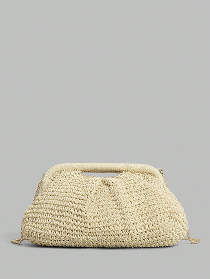 Ontre Stylish Handmade Beige Straw Pleated Cloud Clutch Bag, Suitable For Vacation Travel Beach, Bohemia