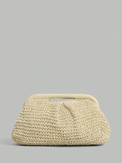Ontre Stylish Handmade Beige Straw Pleated Cloud Clutch Bag, Suitable For Vacation Travel Beach, Bohemia