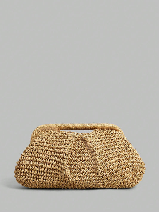 Ontre Stylish Handmade Khaki Straw Pleated Cloud Clutch Bag, Suitable For Vacation Travel Beach, Bohemia
