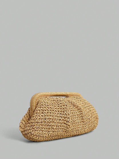 Ontre Stylish Handmade Khaki Straw Pleated Cloud Clutch Bag, Suitable For Vacation Travel Beach, Bohemia