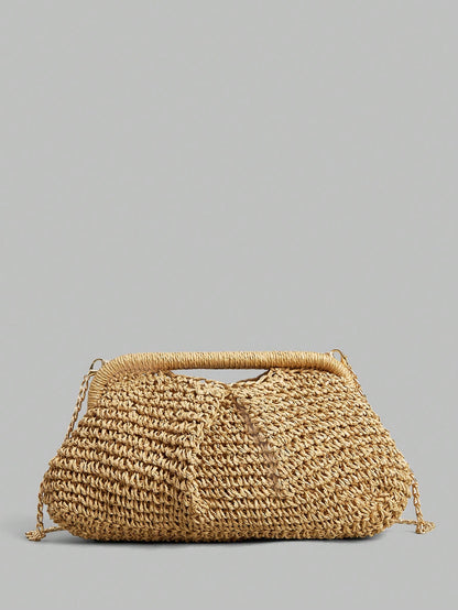 Ontre Stylish Handmade Khaki Straw Pleated Cloud Clutch Bag, Suitable For Vacation Travel Beach, Bohemia