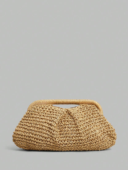 Ontre Stylish Handmade Khaki Straw Pleated Cloud Clutch Bag, Suitable For Vacation Travel Beach, Bohemia